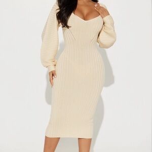 Fashion Nova Cream Long Sleeve Dress